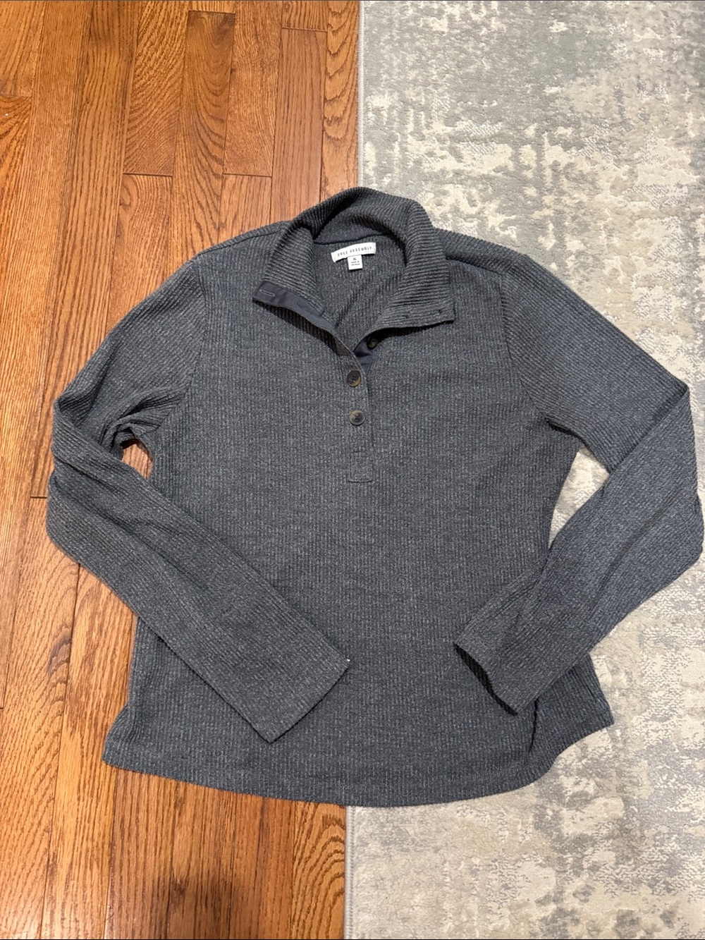 Free Assembly Charcoal Ribbed Button-Neck Pullover